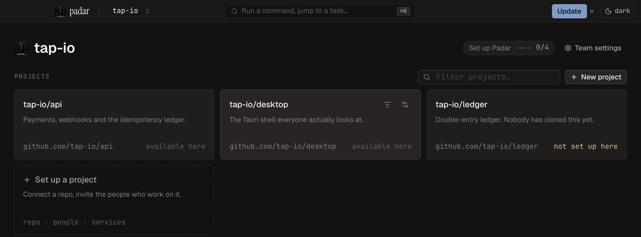 The Padar titlebar with an Update button showing a new version is ready to install.